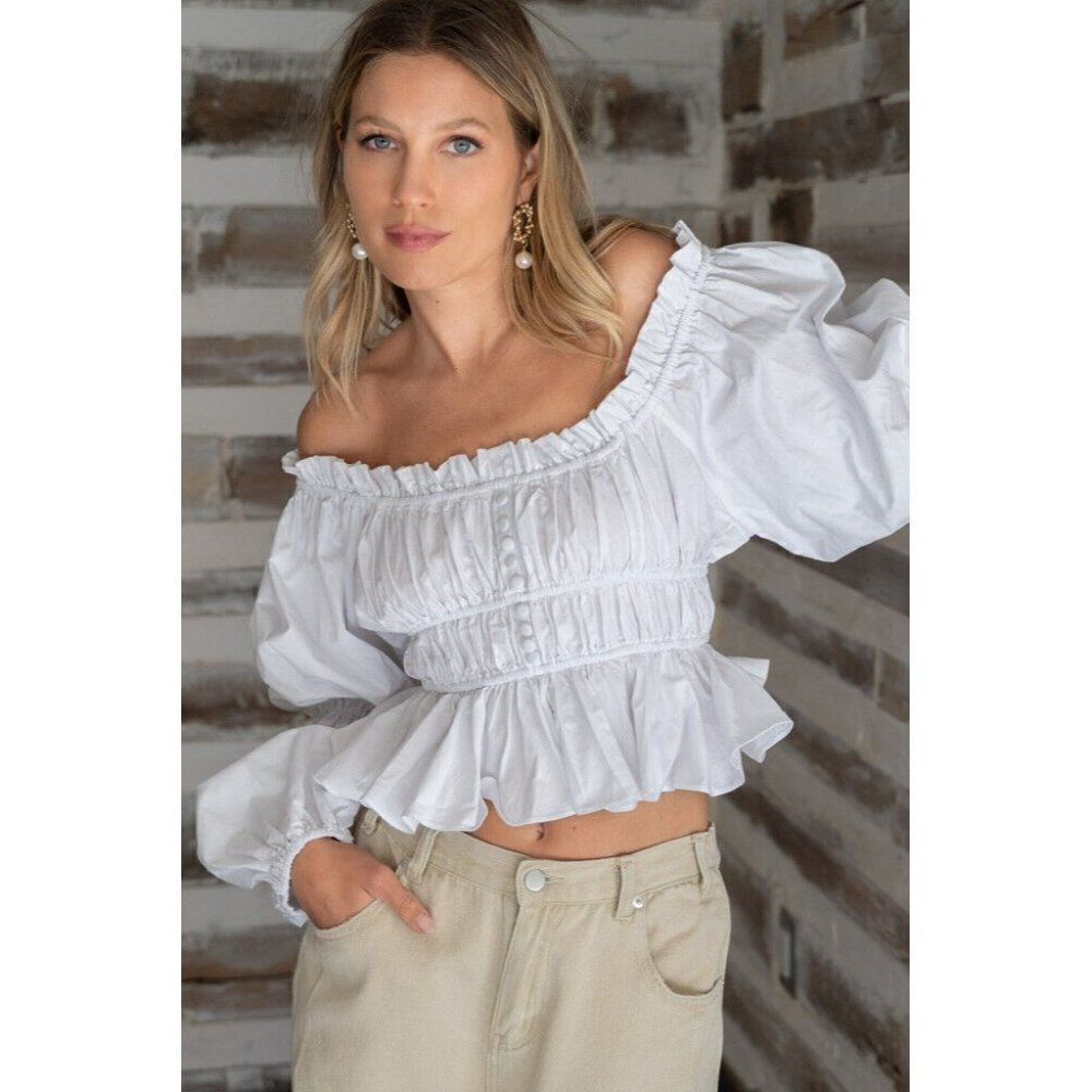 Sale! POL
Off Shoulder White Cropped Long Sleeve Blouse Ruffles Puff Sleeve Top - Picture 3 of 10
